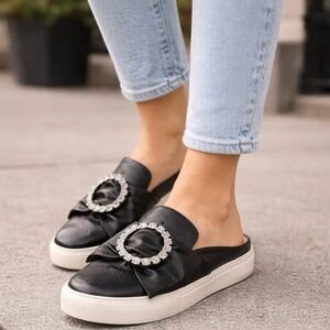 Karl Lagerfeld Paris Elle black leather mules rhinestone jewel-embellished Sz. 6